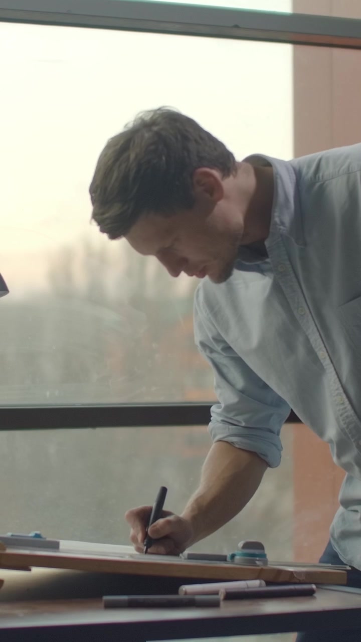 Arquitecto trabajando en un plano en una mesa de dibujo en la oficina
