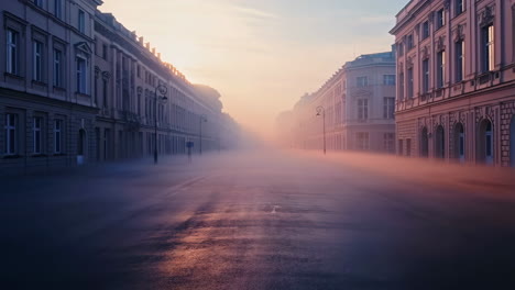 misty city street at dawn