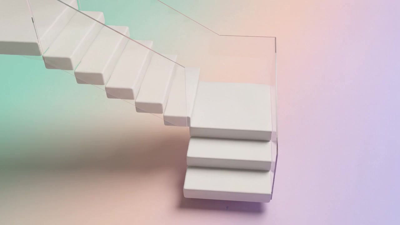 Modern Staircase Design Featuring Minimalist Aesthetic with Glass Railing and Soft Gradient Background, Showcasing Elegant Architecture and Contemporary Style