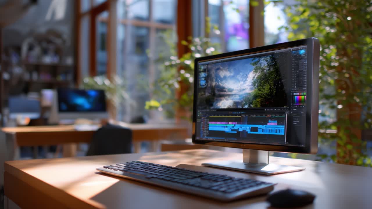 Software di editing visualizzato su un monitor di computer in uno spazio di lavoro moderno, che cattura sereni paesaggi naturali mentre mostra funzionalità avanzate di editor di video