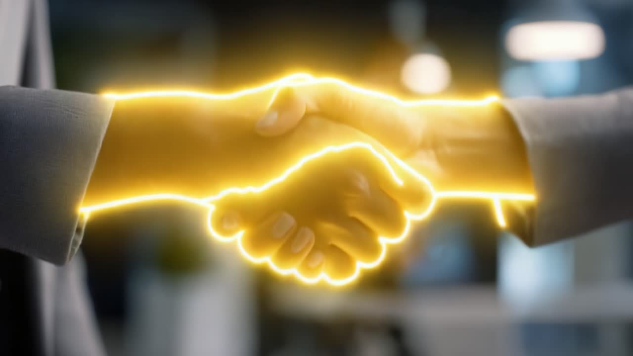 A Shimmering Handshake Symbolizing Partnership, Collaboration, and Connection Between Diverse Individuals with a Magical Glow Effect Enhancing Their Interaction