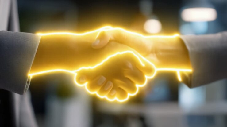 Una scintillante stretta di mano che simboleggia partnership, collaborazione e connessione tra persone diverse, con un magico effetto luminoso che ne esalta l'interazione