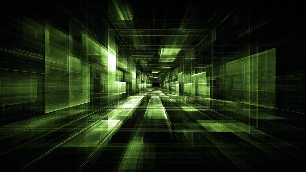 A mesmerizing view of a futuristic corridor illuminated by vibrant green lights, creating an immersive digital environment filled with abstract grid patterns and geometric shapes