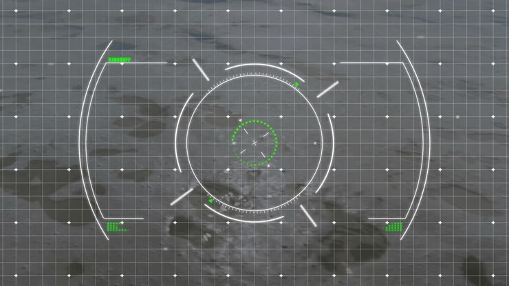 Targeting system animation overlaying aerial view of landscape