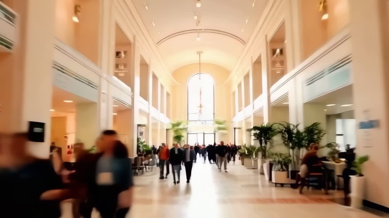 Blurred scene for a background of people walking around the office hall of a company.
