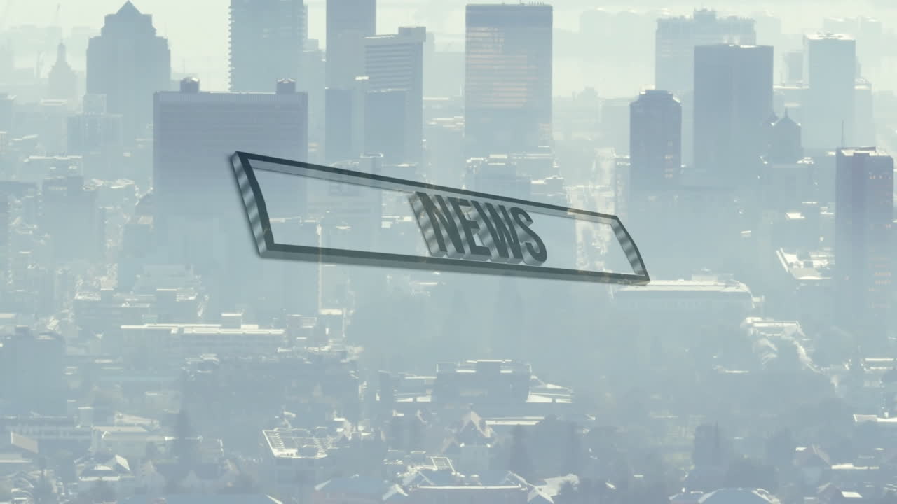 3D news prism being animated floating above hazy urban skyline, showing translucent render style