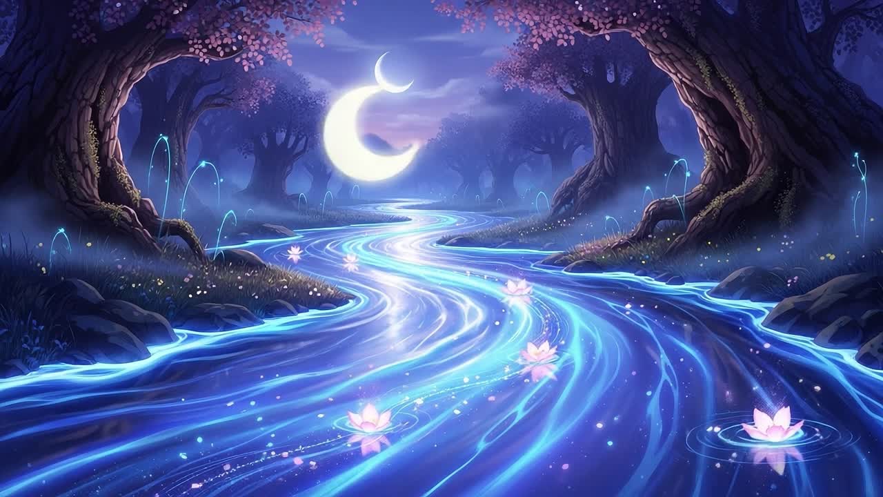 A Serene Nightscape of Mystical Waters Reflecting the Moonlight, Surrounded by Enchanted Trees and Graceful Lotus Flowers, Creating a Tranquil Dreamlike Scene