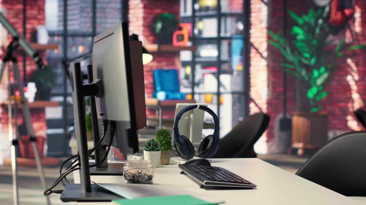 Modern desktop setup in an IT agency shows a visual coding interface