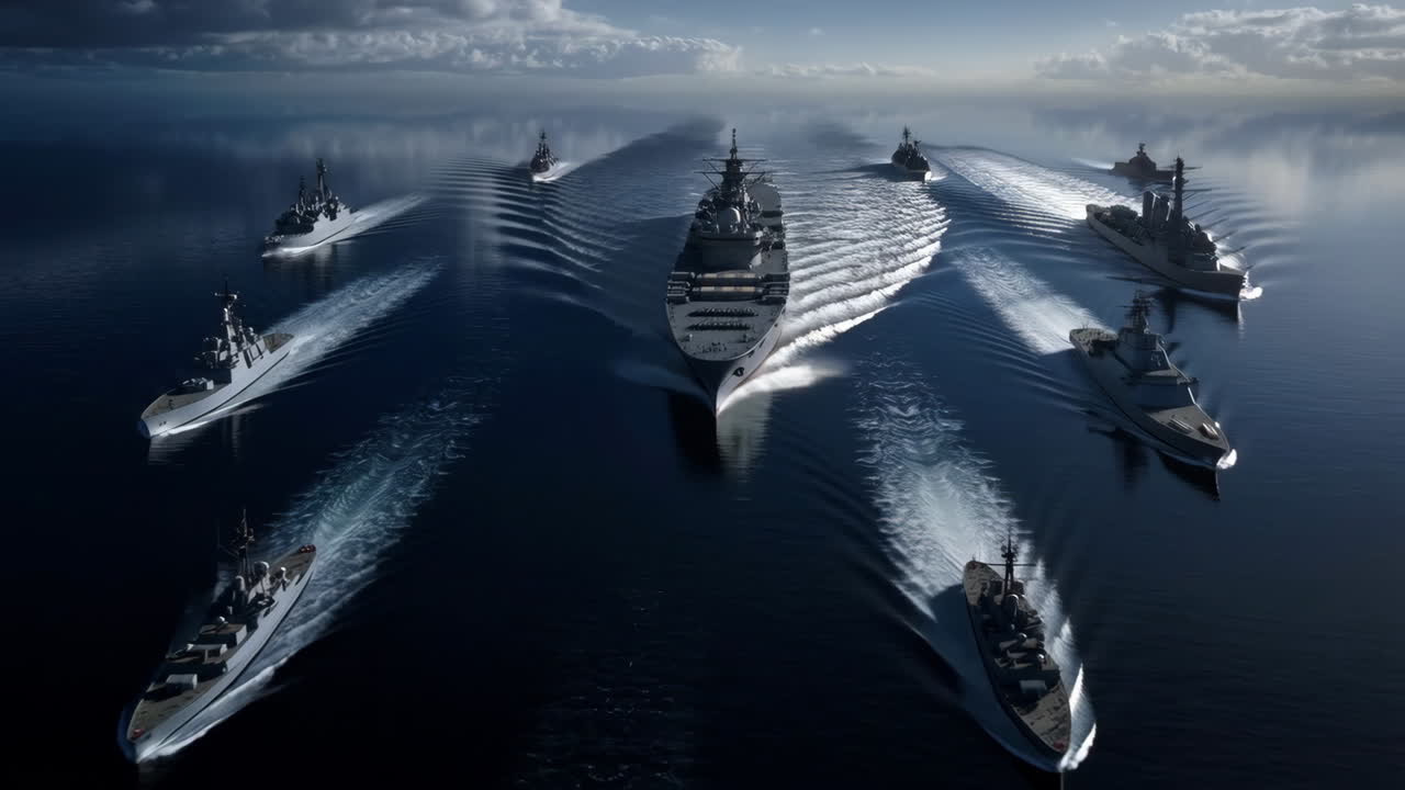 A fleet of warships sailing in formation on the open ocean