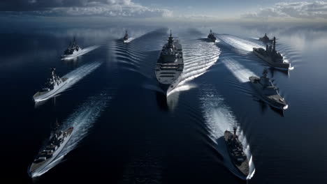 a fleet of warships sailing in formation on the open ocean