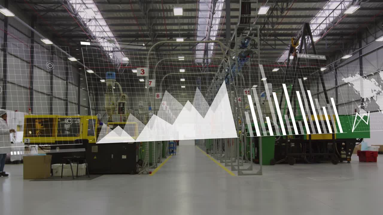 Animación de múltiples gráficos en movimiento sobre diversos mecánicos entre maquinaria trabajando en un garaje