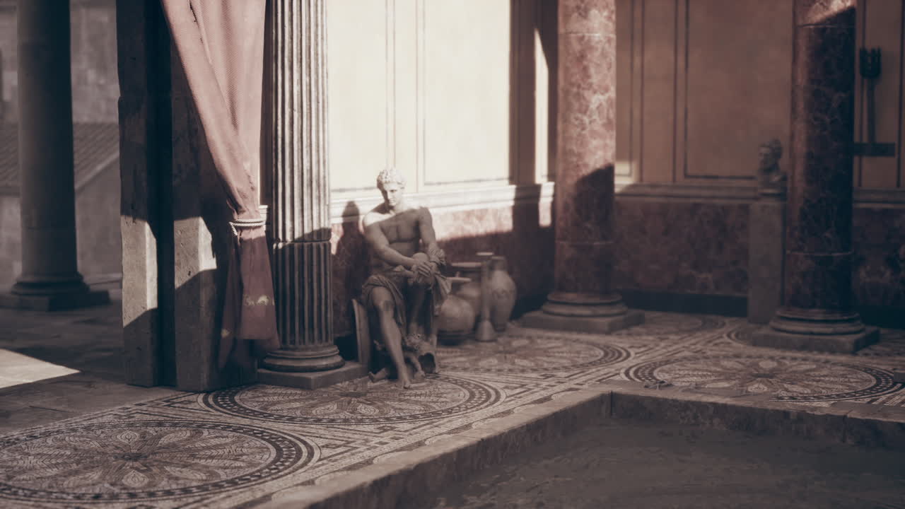 Statue seated in a classical architecture courtyard with intricate flooring
