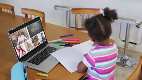 schoolgirl using laptop for online lesson at home, with diverse teacher and class on screen
