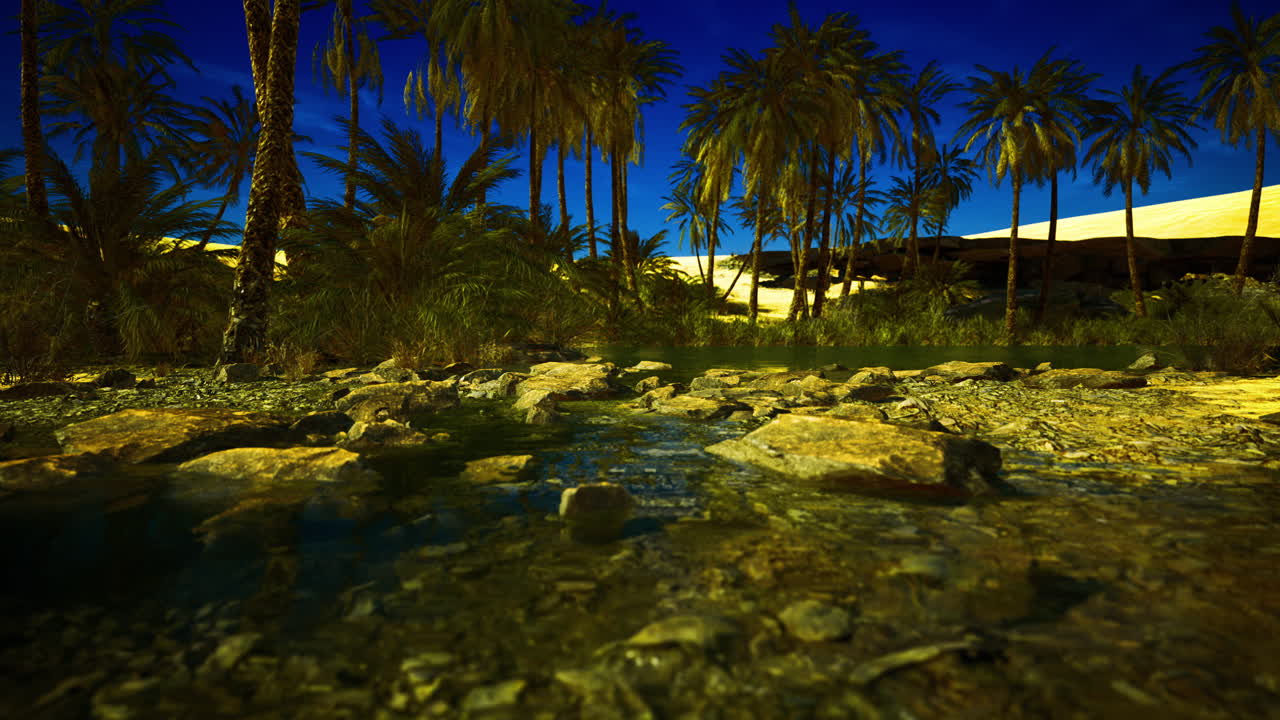 Sandy oasis under a starry sky surrounded by lush palm trees and rocks