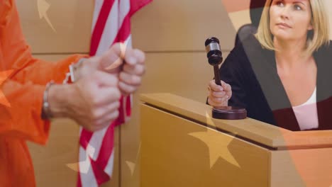 Animation-of-female-judge-and-defendant-during-trial-over-american-flag