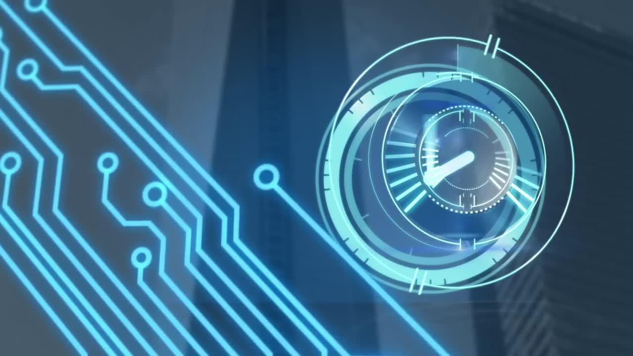 animación del escaneo del alcance, el reloj que se mueve rápido y la placa base de la computadora