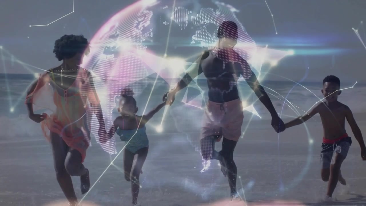 Parents and kids running shore, motion activating technology globe, palm cupping family for bonding