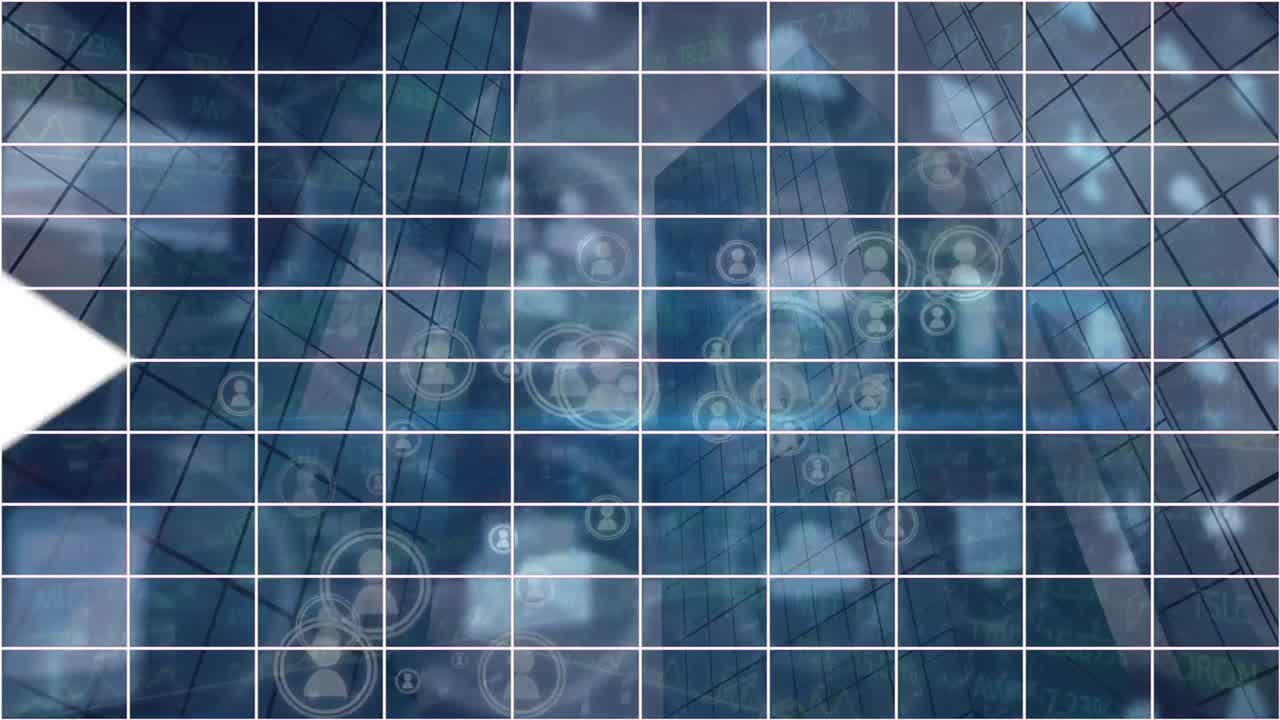 animación de flechas que se mueven sobre diversos iconos flotando sobre rascacielos