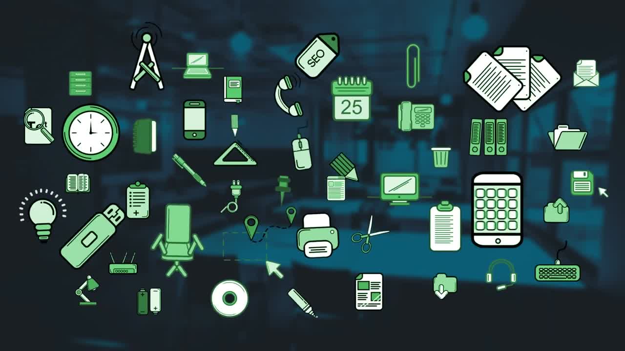 animación de iconos de negocios que se mueven sobre la oficina vacía