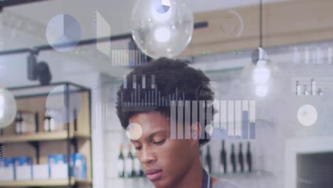 animation of statistical data processing against close up of a african american waiter at a cafe