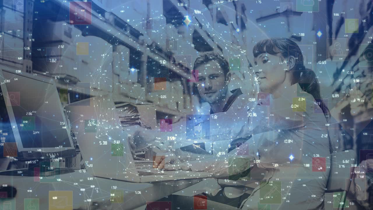 컴퓨터를 사용하여 커플을 통해 디지털 아이콘으로 연결 네트워크의 애니메이션