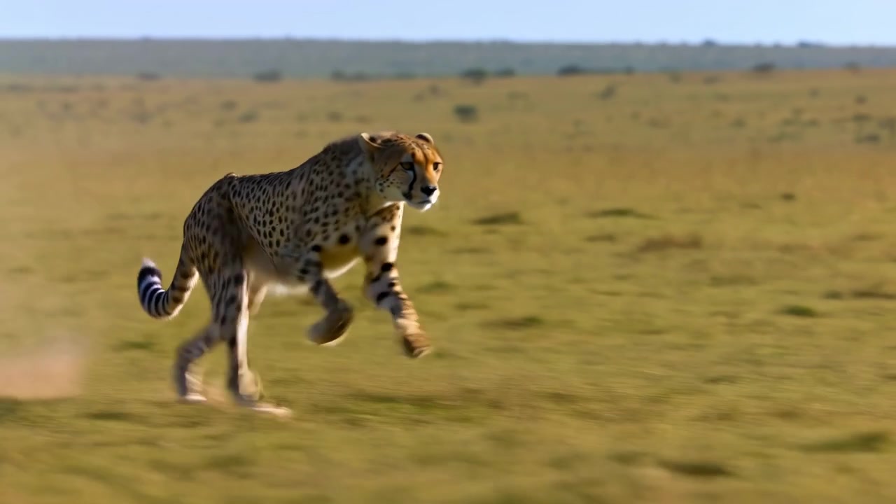 Ghepardo che corre attraverso una pianura aperta e polverosa, inseguimento a piena velocità che solleva nuvole di sabbia ed erba, angolazione bassa.