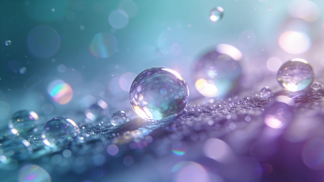 Goutte principale scintillante réfractant un arc-en-ciel, avec des gouttelettes alignées sur une feuille, la mise au point s'ajustant en laboratoire macro.