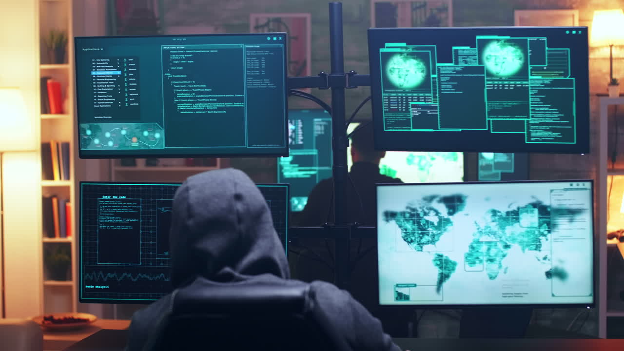 Back view of hooded cyber terrorist using super computer