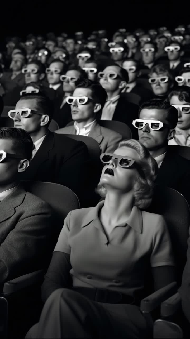 Immagine in bianco e nero di un pubblico con occhiali 3D, catturata da un angolo frontale, evoca un’atmosfera vintage