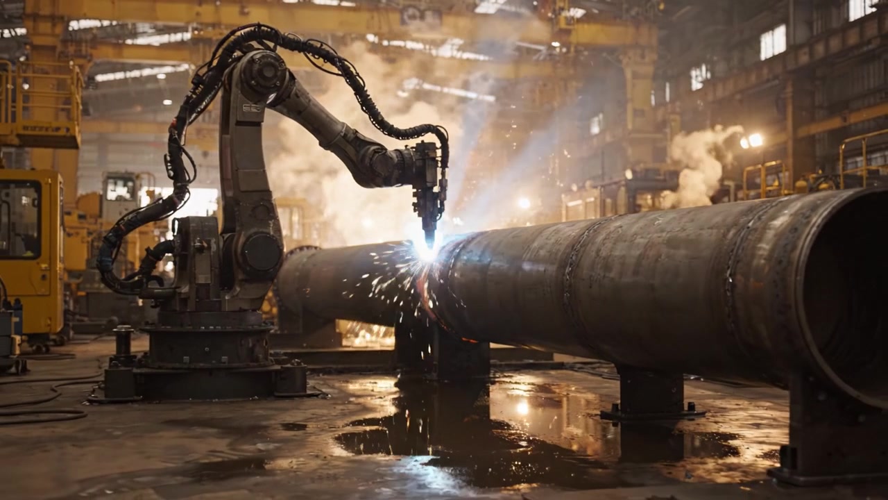 Processo de Soldagem Automatizado em Ambiente Industrial com Braço Robótico Criando Faíscas de Tubos de Metal em um Ambiente de Fábrica.