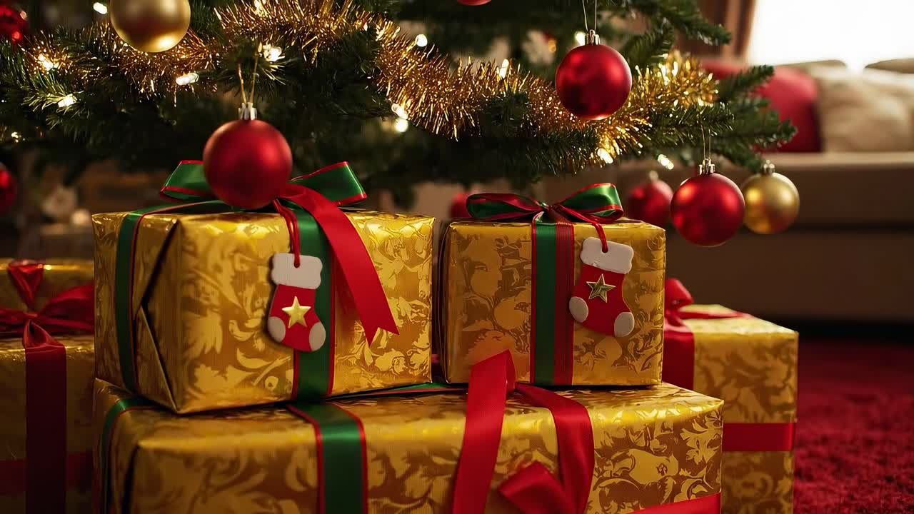 Festive video scene of wrapped gifts under a tree, captured from a low angle