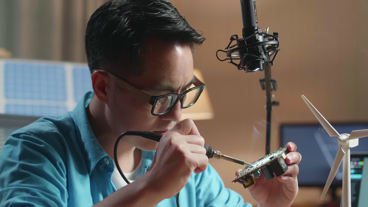 un hombre asiático con una turbina eólica arregla la placa de circuito mientras trabaja con una computadora portátil junto a la célula solar en la oficina.