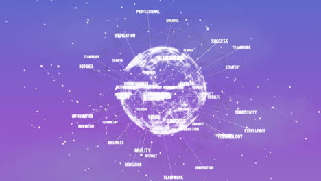 Animation of clock moving fast over globe on purple background