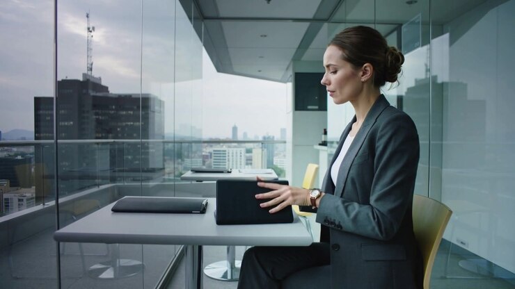 Writing woman in blazer noting planner with blue pen on balcony, pausing, viewing city, copy space