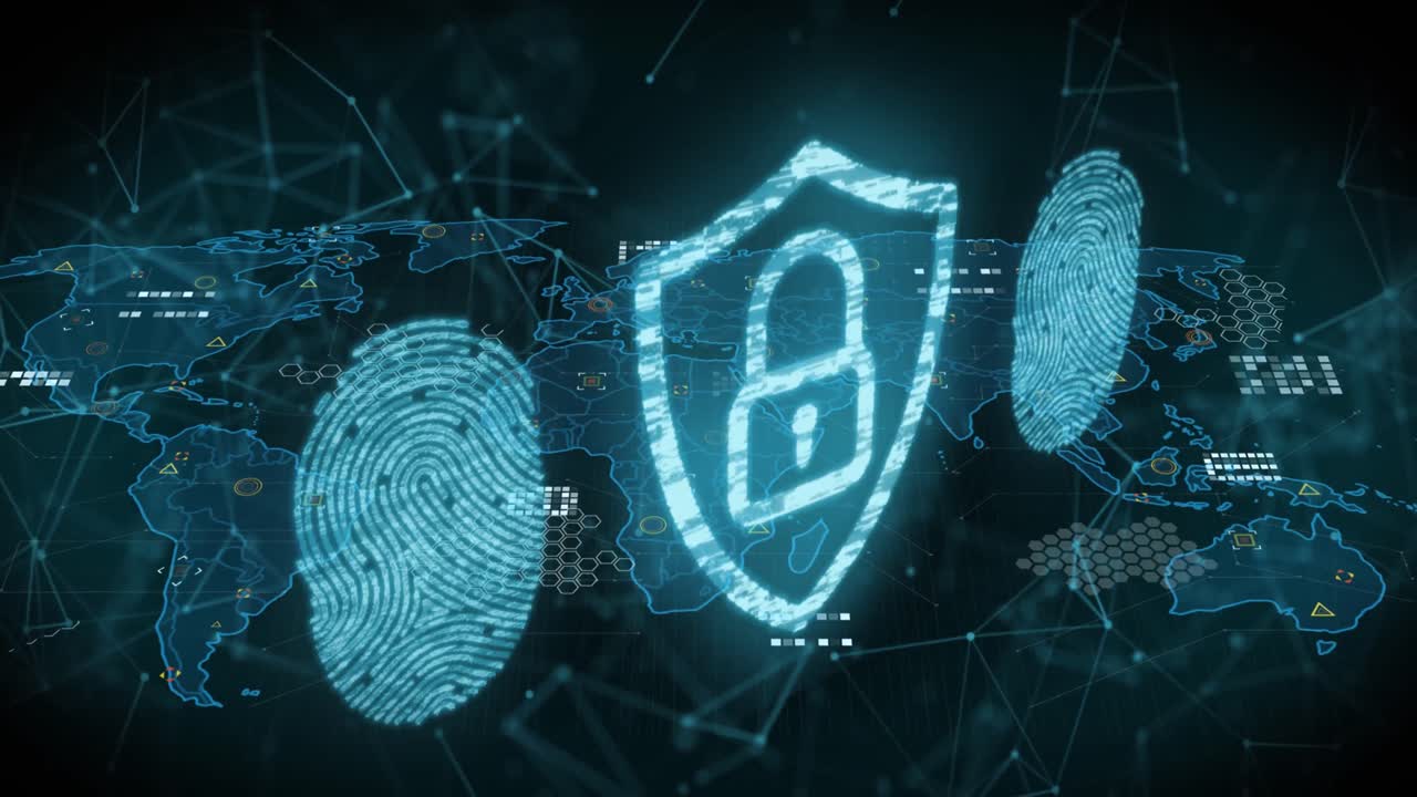 animazione di lucchetto di sicurezza online, impronte digitali biometriche e elaborazione dei dati sulla mappa del mondo