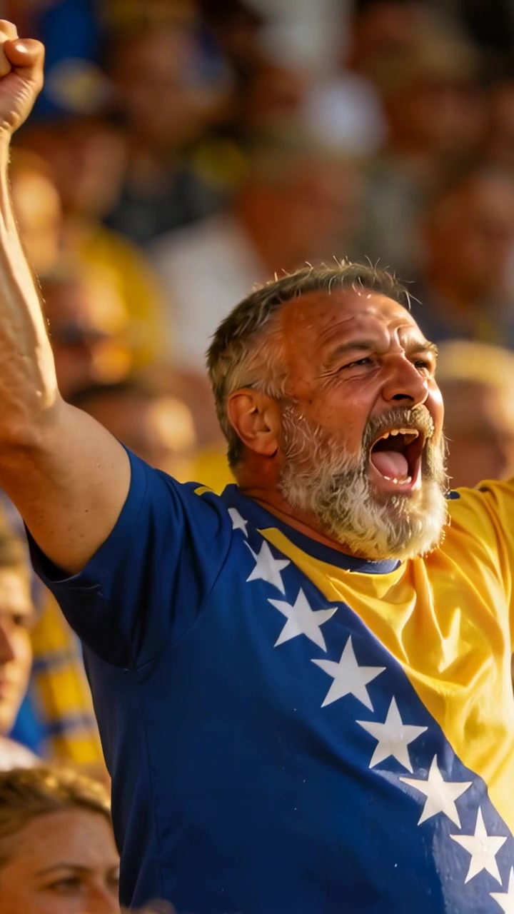 Video vertical: Celebrando un gol, un aficionado mayor con camiseta azul y amarilla levanta los brazos en las gradas del estadio.