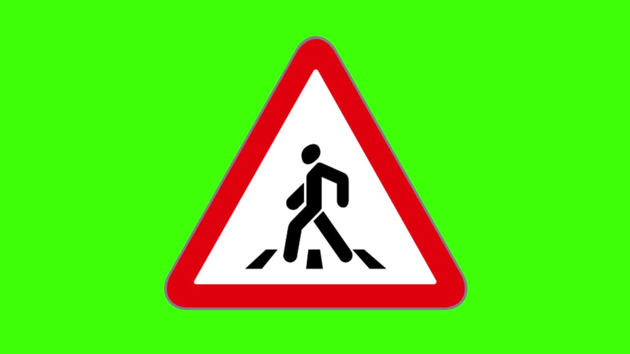 초록색 화면, 도로 표지판 아이콘, 보행자가 건너는 것을 조심하십시오.