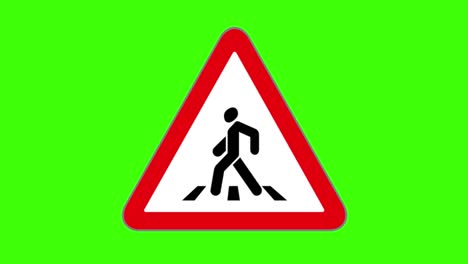 grüner bildschirm, ikonen für straßenschilder, vorsicht bei fußgängern, die die straße überqueren
