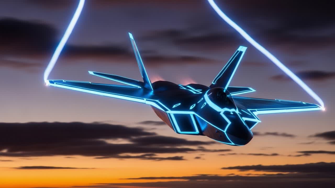 Jet futuristico che fende il cielo al crepuscolo: un velivolo ad alta tecnologia che emette energia elettrica su uno sfondo mozzafiato di tramonto.
