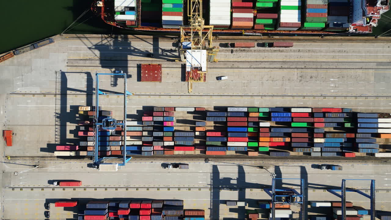 Overhead aerial view of maritime logistics and shipping at Lisbon industrial port