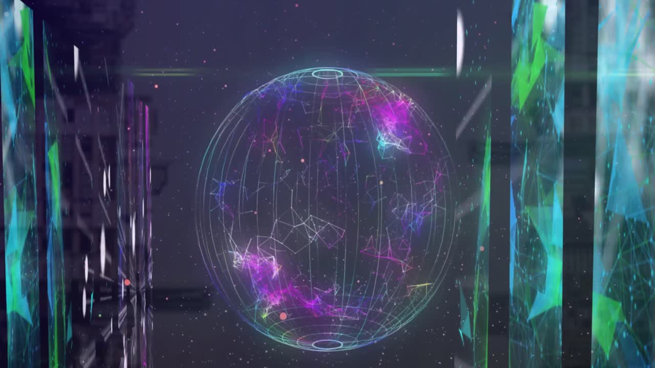 컴퓨터 하드웨어 위에서 움직이는 연결과 모양으로 만들어진 지구의 애니메이션
