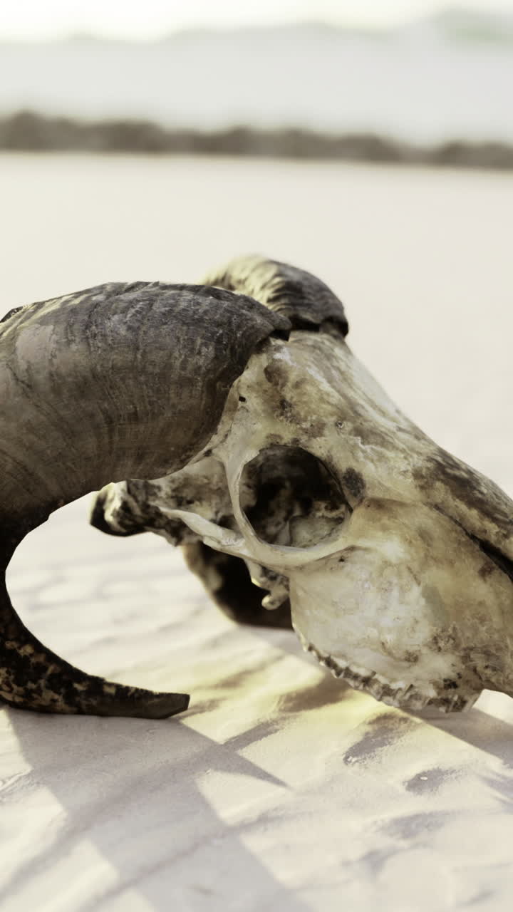 Ram skull resting on sandy shore illuminated by soft sunlight