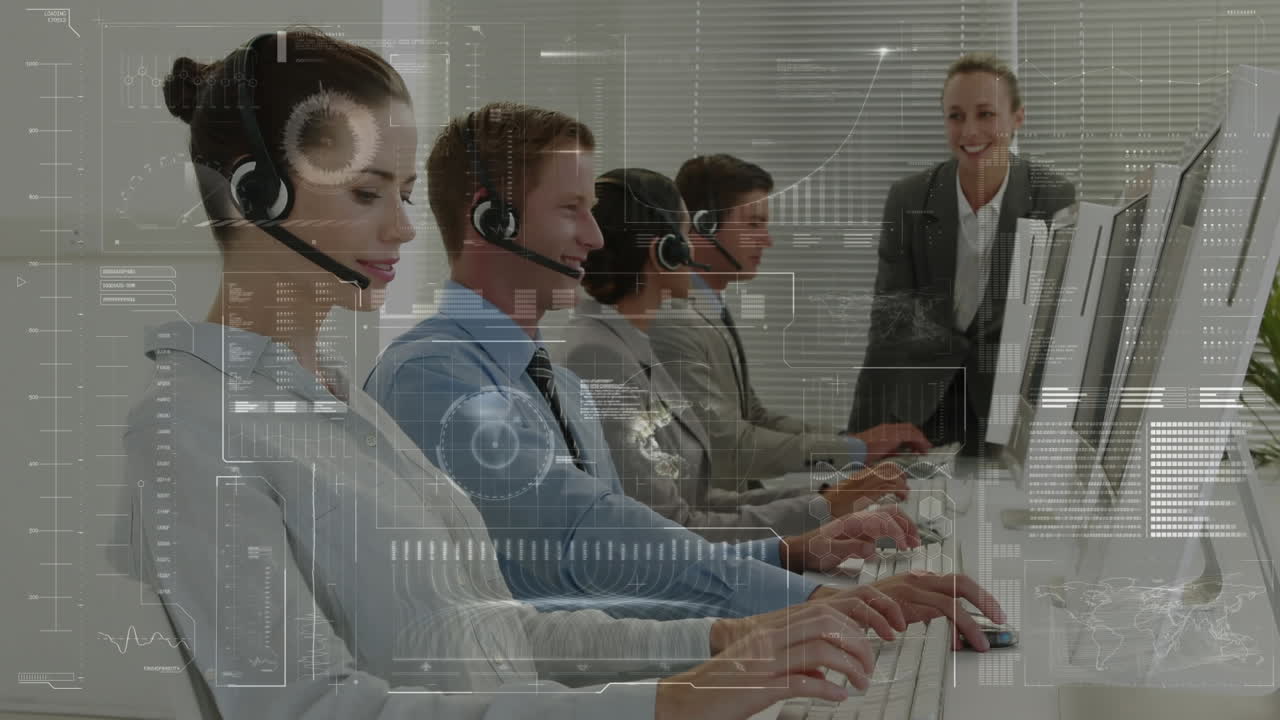 전화 헤드 ⁇ 을 사용하는 비즈니스 사람들에 대한 디지털 인터페이스의 애니메이션