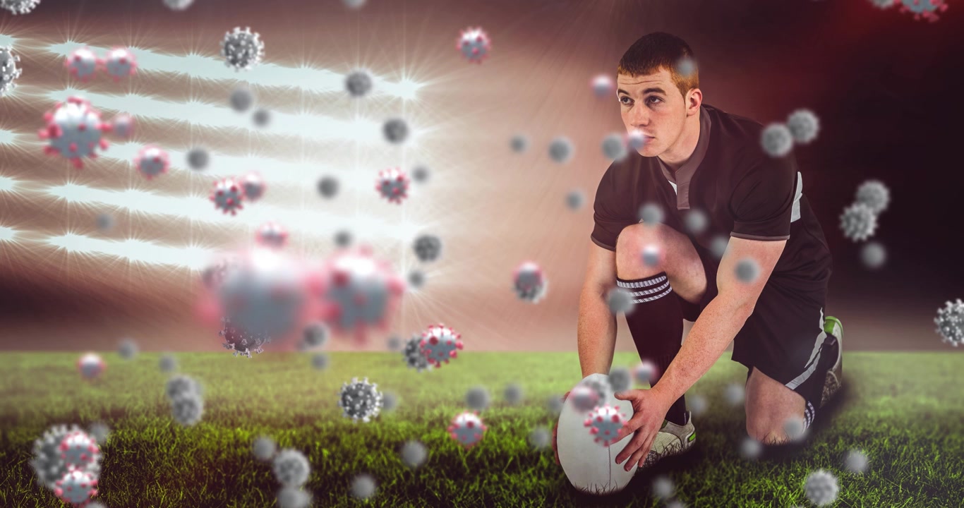 Animazione di cellule Covid-19 che cadono su un giocatore di football americano.