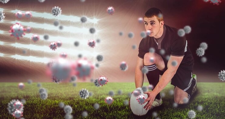 Animazione di cellule Covid-19 che cadono su un giocatore di football americano.