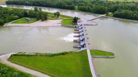 stunning aerial 4k drone footage of ormož - varaždin hydroelectric water dam next to the lake