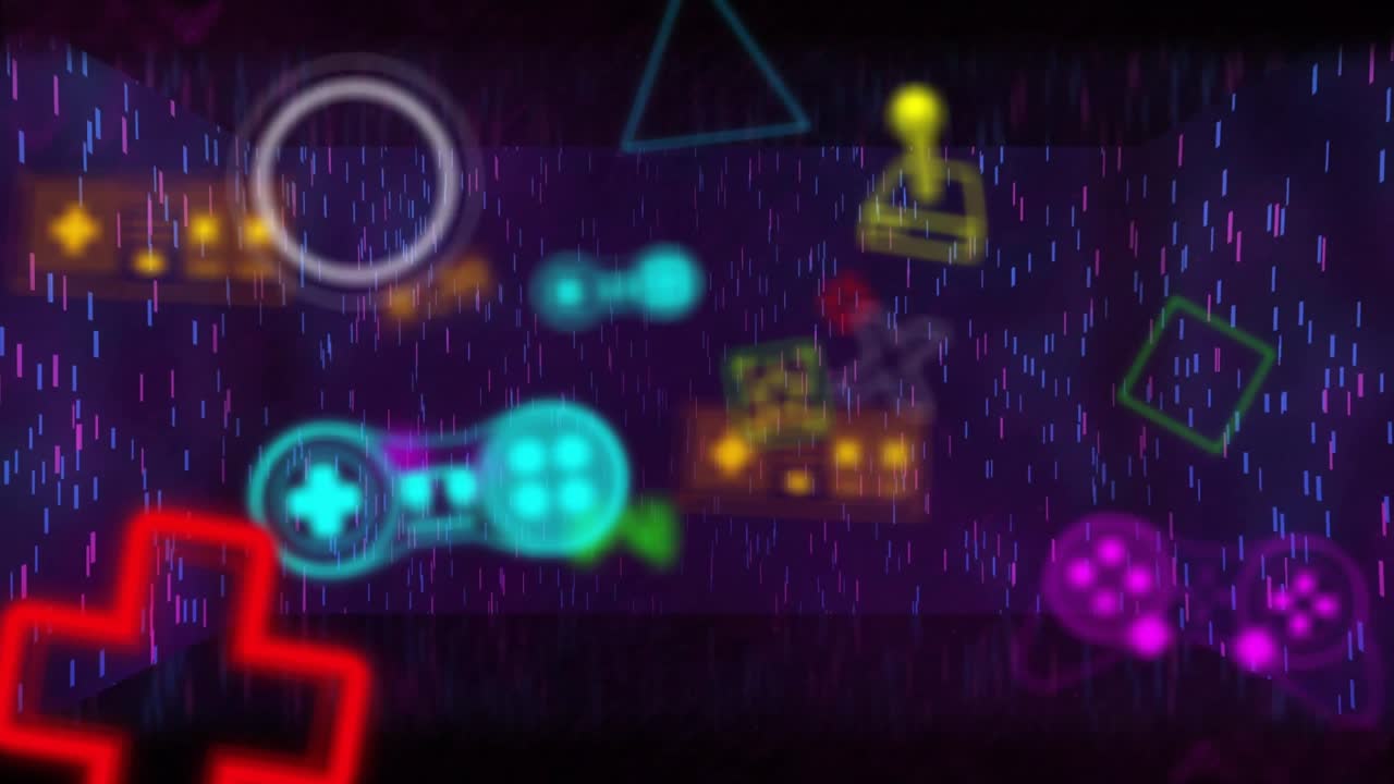 Animation of neon gaming icons over digital rain on black background