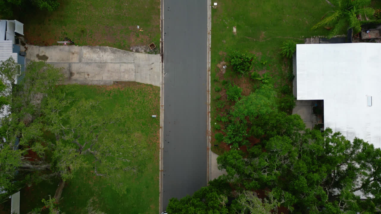 Straight down low flying aerial establishing shot of residential street in Tampa Florida surrounded by green trees, tracking over suburban neighborhood