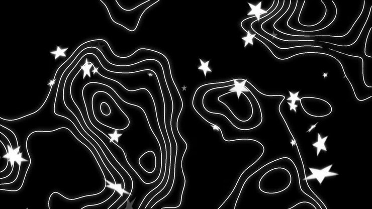 Linee di contorno bianche che appaiono e si trasformano, mentre forme a stella fluttuano e si sincronizzano per un ritmo cosmico