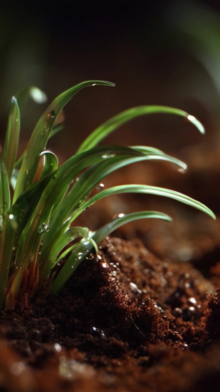 Erba verde curata che germoglia da terreno ricco e scuro, con gocce di rugiada che brillano in una luce soffusa, a simboleggiare crescita, rinnovamento e la resilienza della vita.